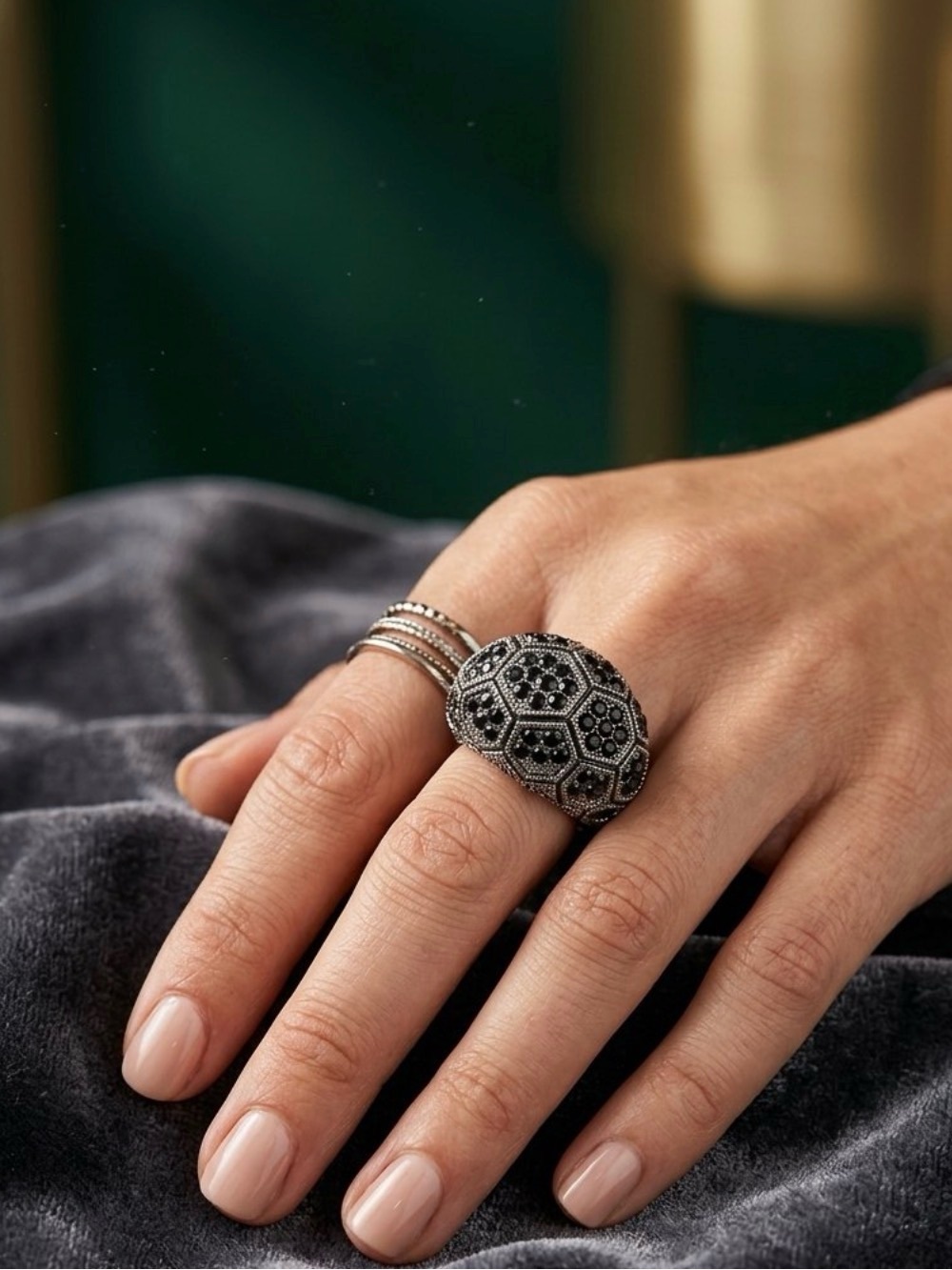 Ornate Black Pavé Dome Ring - Women Jewelry